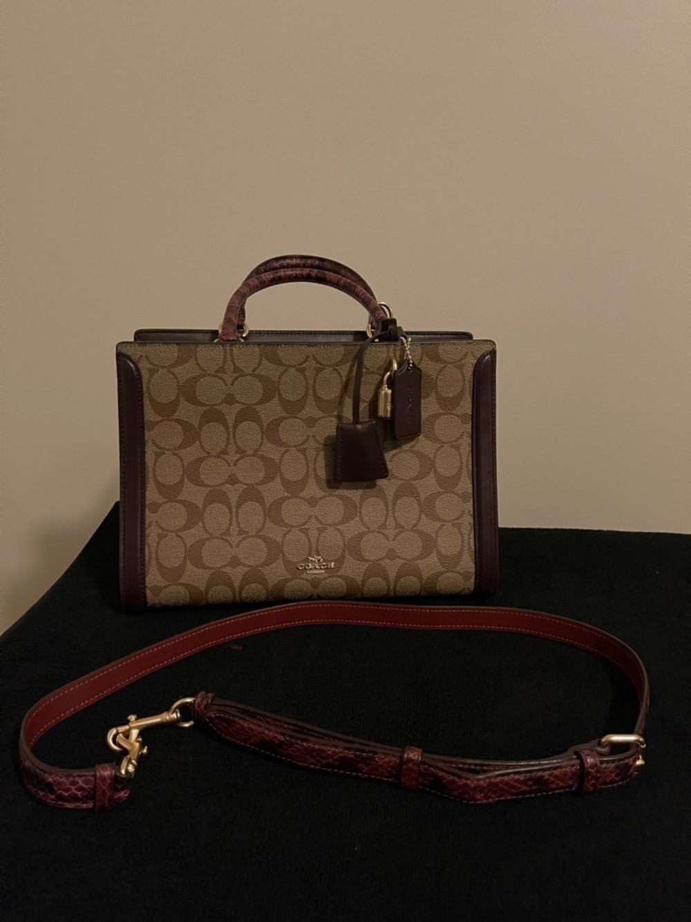 Coach Brown Signature Canvas Tote with Burgundy Leather Trim